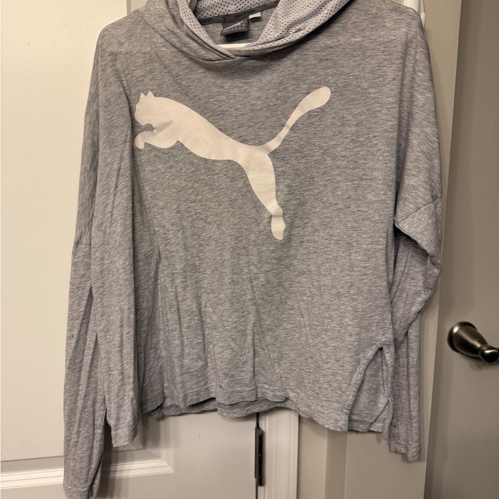 Puma Light Gray Cropped Hoodie with Logo
